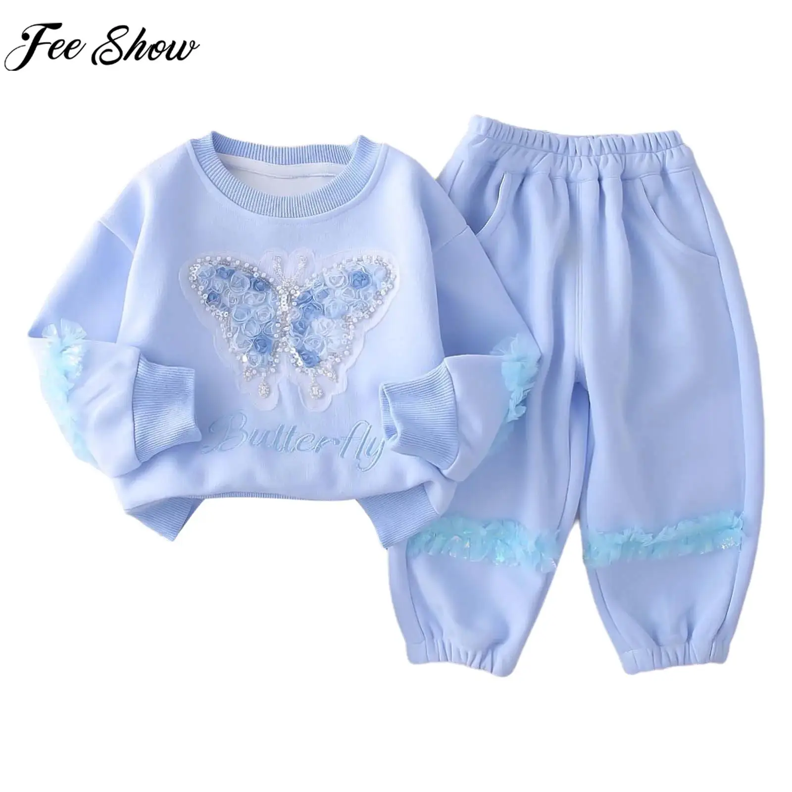 

Baby Toddler Girls Sweet Cute Casual Clothes Set Long Sleeve Butterfly Sweatshirt Tops with Jogger Pants for Daily School Party