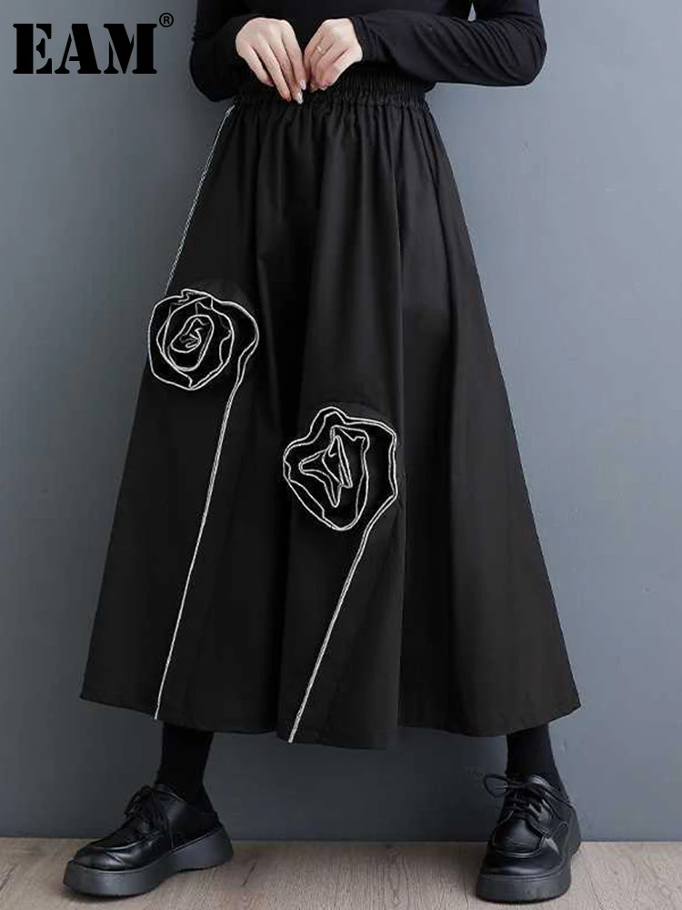 

[EAM] High Elastic Waist Black Three-dimensional Flower A-line Half-body Skirt Women Fashion Tide New Spring Autumn 2024 1DH5688