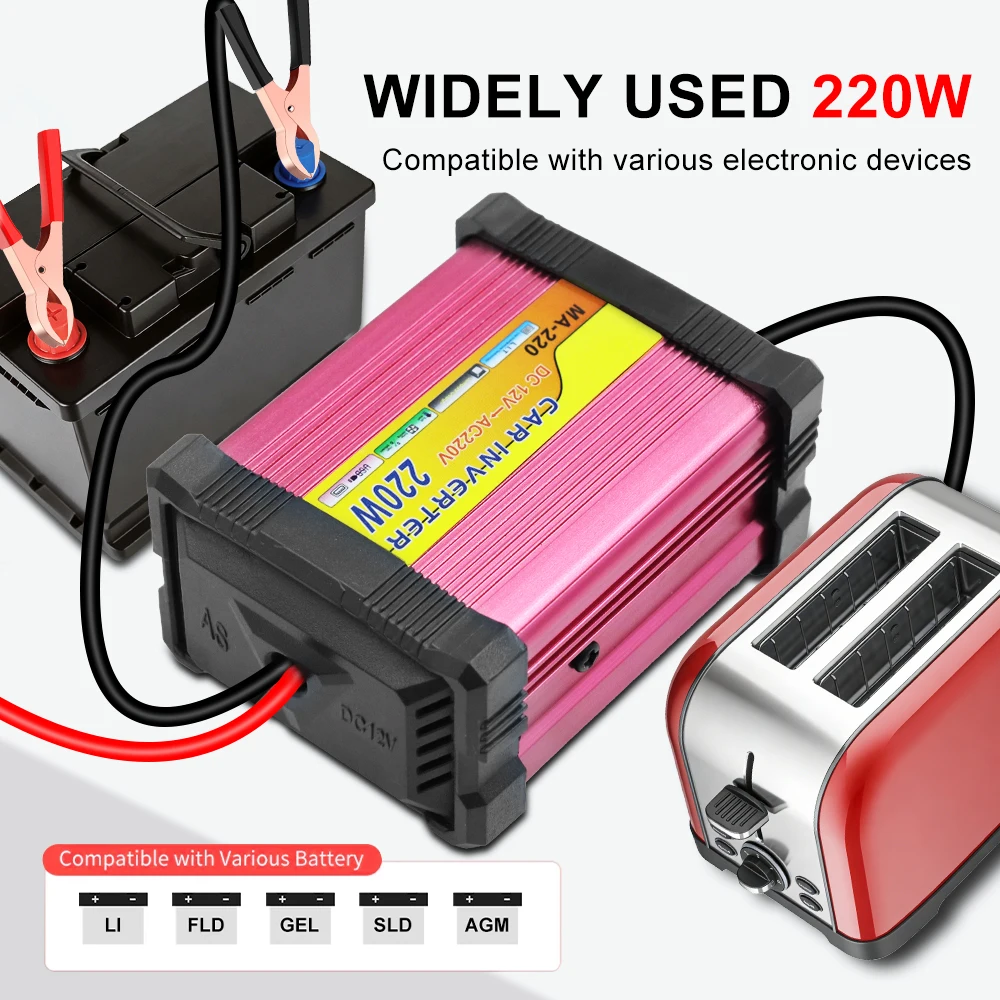 220W Automobile Inverter 12V To 220V Converter Car Inverters 1+1 USB Charger Port 220V AC Powe Socket Storage Batteries Inverter