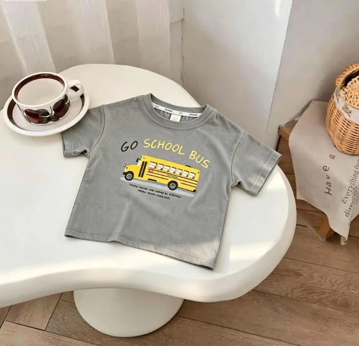 Must Have Kids Basic Tee With Vehicle Print Short Sleeve Cotton Top For Boys And Girls Daily Wear Sample Fashion Tees Child Tops