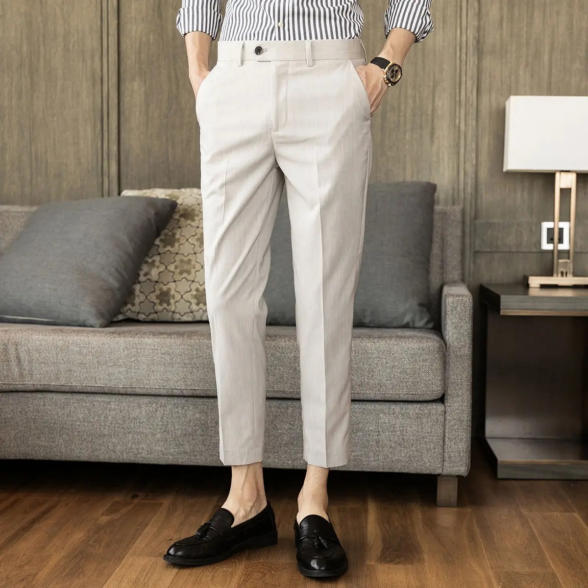 

2023 Spring Stretch Ankle-Length Suit Pants Men Business Solid Color Slim Casual Formal Office Trousers Male Plus Size P222