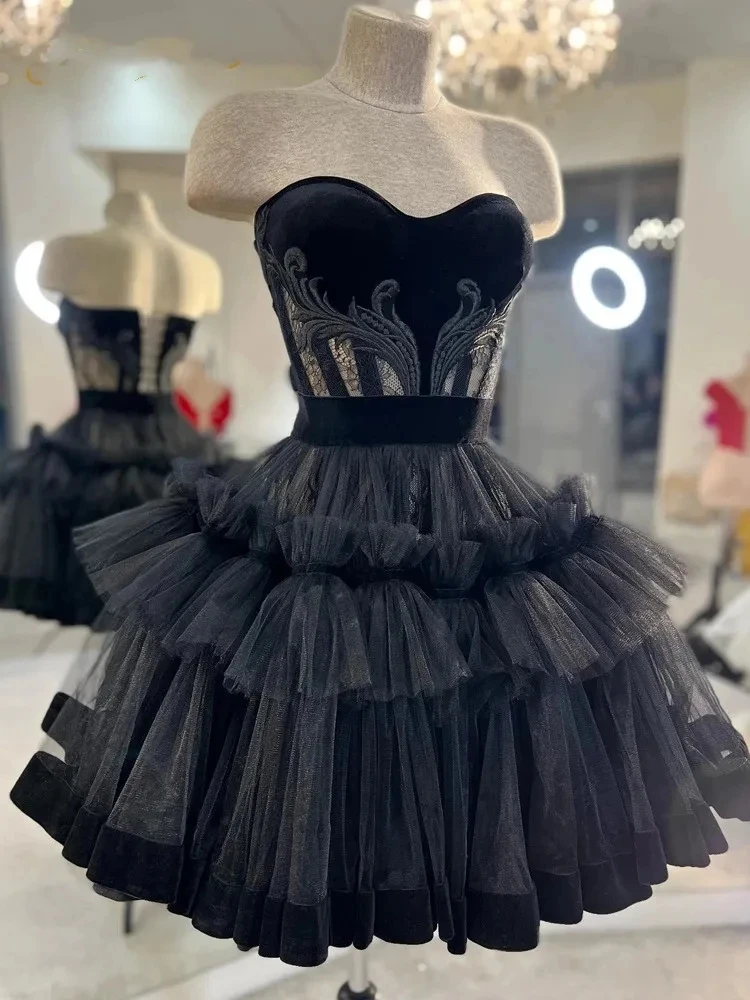 

ANGELSBRIDEP Black Homecoming Dresses Sexy Party Prom Gowns Tulle Ruffles Skirt Gothic Graduation Corset Back