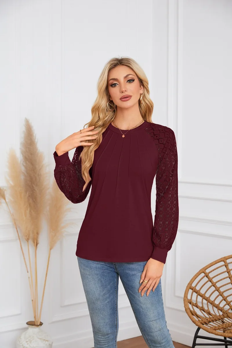 

Spring Autumn Nound Neck Solid Color Long Sleeved Pleated Lace T Shirt Fashionable Office Elegant Commuting Style Women's Tops