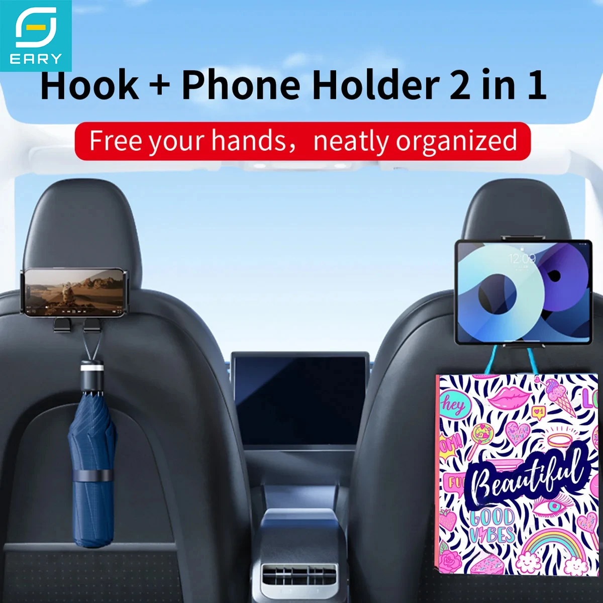 

Eary Car Rear Seat Mount for Tesla Hooks&Phone Tablet Holder Stand Car Accessories for 4.7-13" Device Car Back Storage Organizer