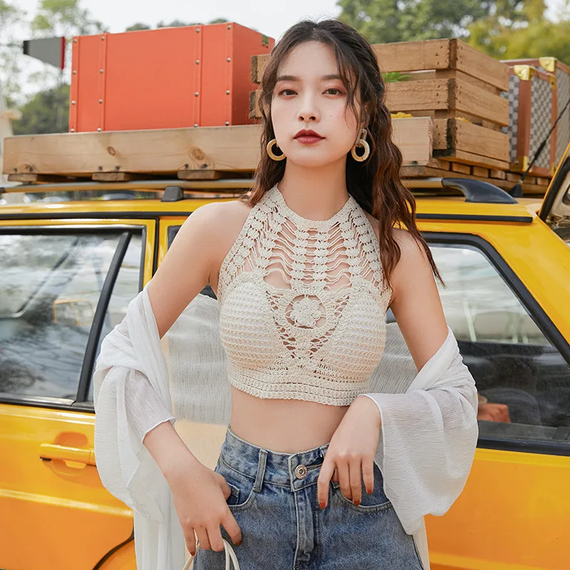 Women Knitted Ribbed Tank Top Casual Crop Tops Sleeveless Backless Solid Hollow Out Bandage Halter TopsSummer Exposed Streetwear