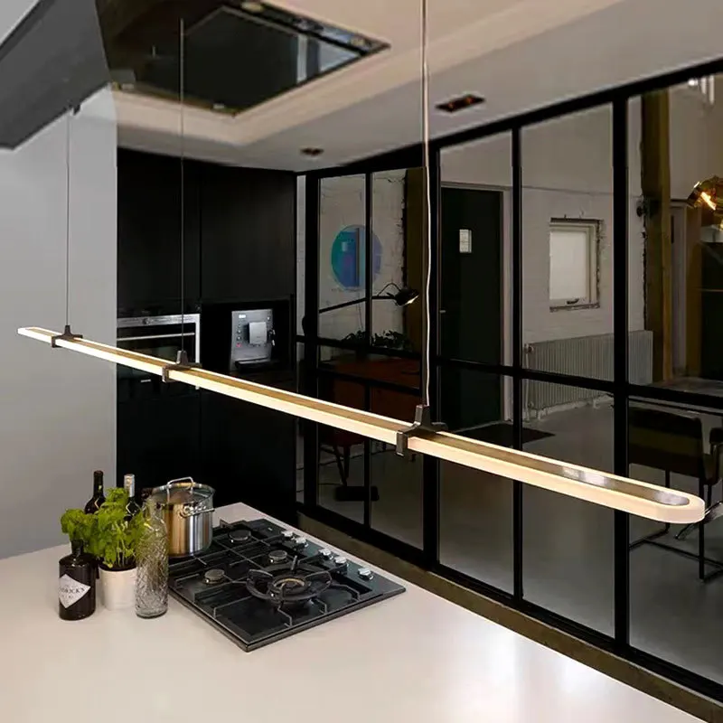 Modern White Ceiling Pendant Lamp Dining Room Kitchen Table Island Lighting Simple Long Strip Design Home Hanging Chandelier