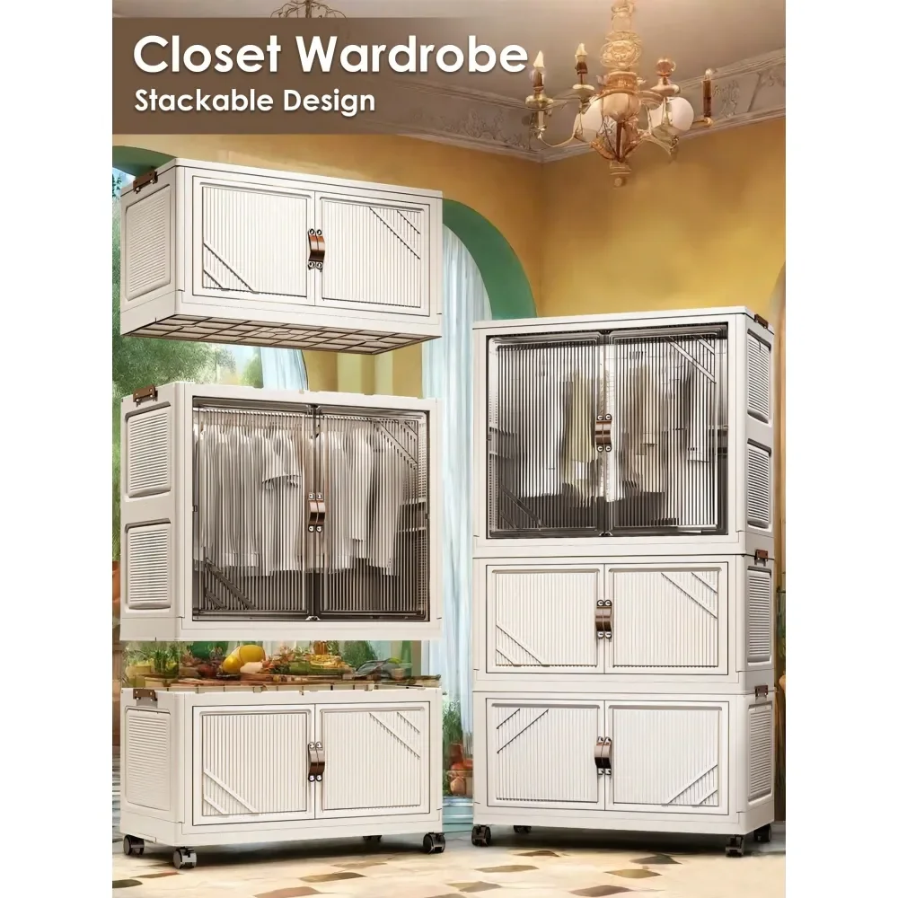 

Plastic Portable Closet Wardrobe, 72cm Foldable Clothes Organizer Clothes Rack Closet Storage With Hanging Rods, Easy Assemble