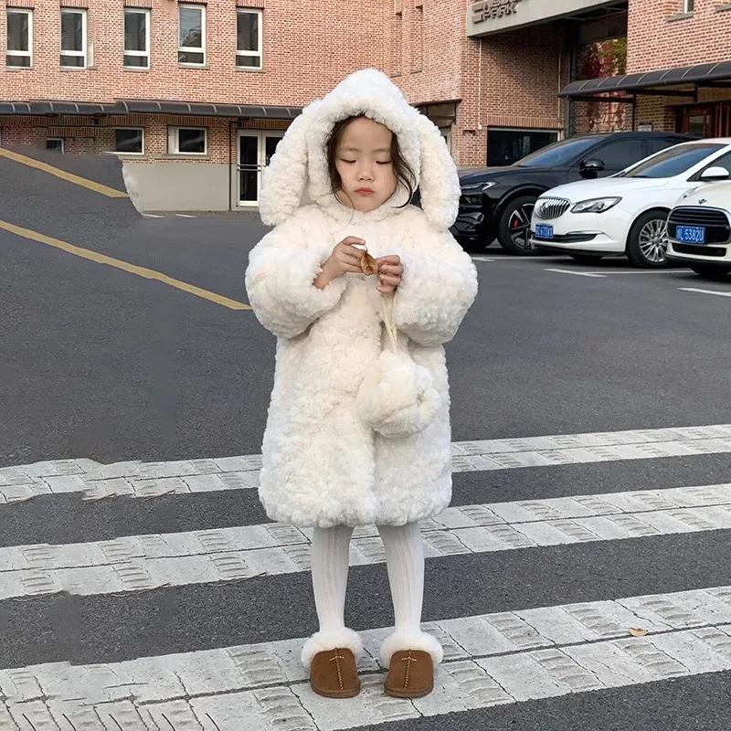 

Girl Winter Extra-thick Lambswool Faux Fur Coat 2023 Kids Long Outerwear For Girls Warm Jacket With Padded Imitation Rabbit Fur