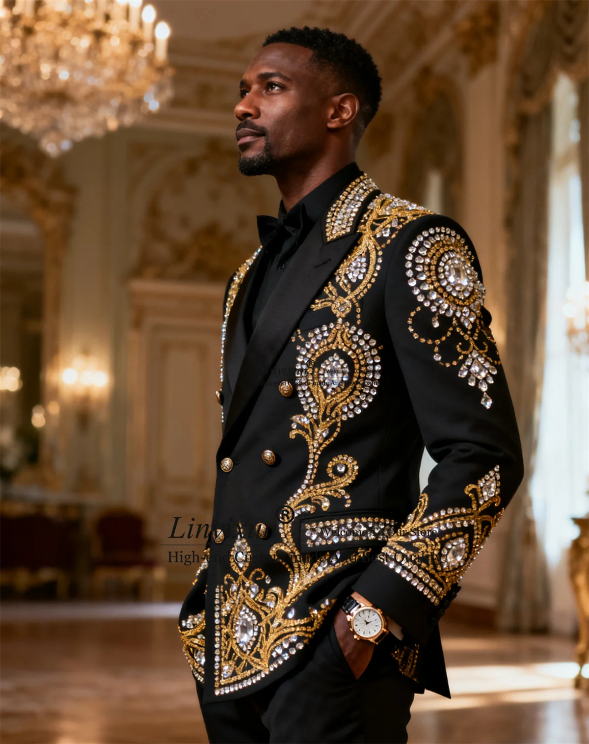 

Luxury Crystal Diamond Men Suits Customized Slim Fit Wedding Tuxedos Double Breast Ropa hombre 2 Pieces Sets Groom Male Blazers