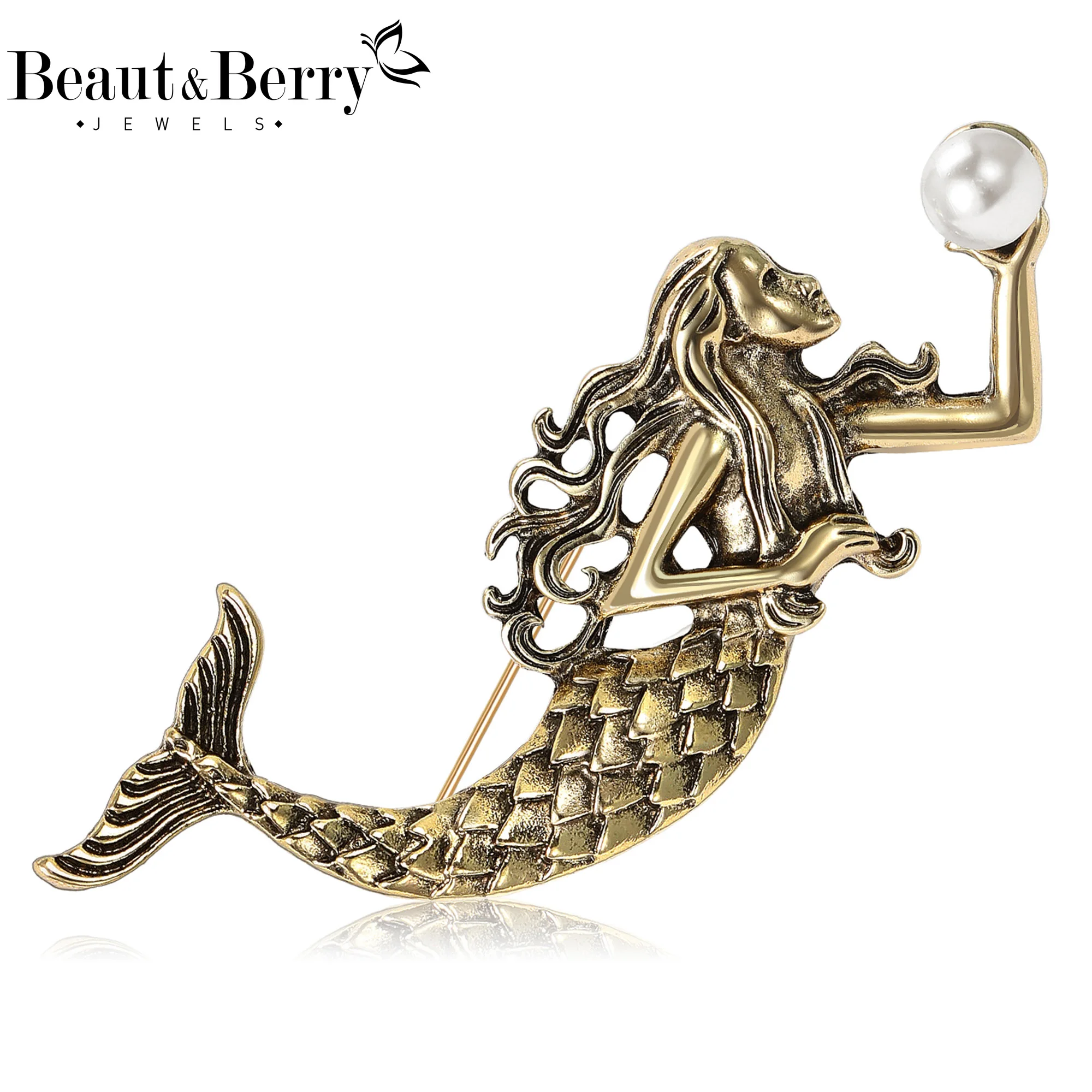 Beaut&Berry Vintage Metal Mermaid Brooches for Women Unisex Figure Pins Casual Party Jewelry Accessories Gifts Decoration