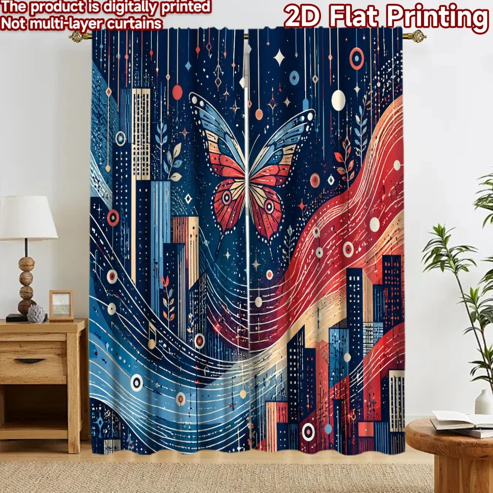 2D flat 2pcs Curtain Home Short Curtains Butterfly Over City s Digitally printed polyester Festive Wall Decor for Bedroom Living