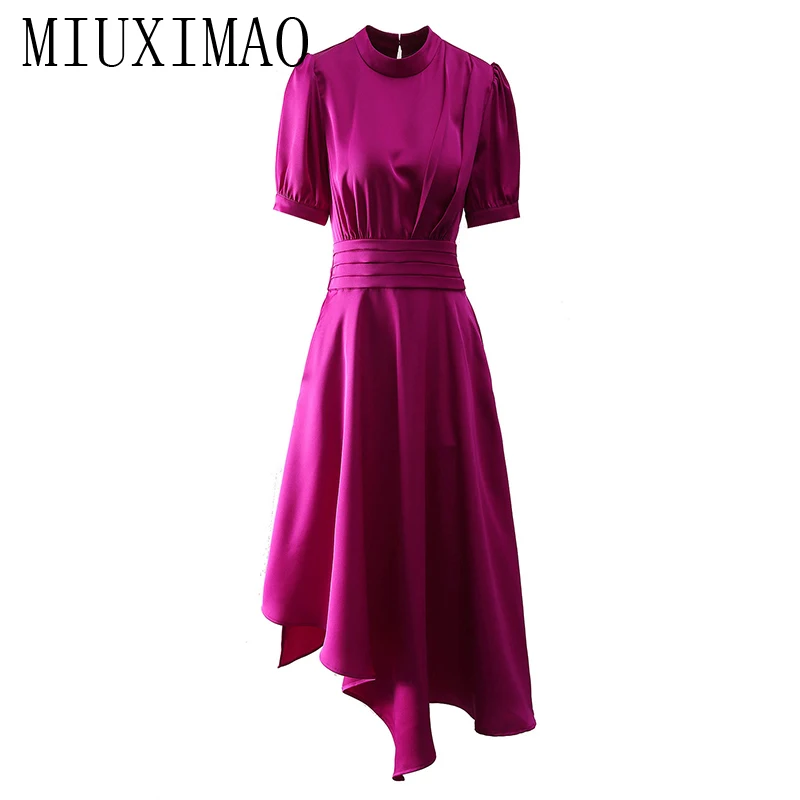 

MIUXIMAO 2024 Summer New Style Elegant Dress Women's O-Neck Short Sleeve Splice Irregularity Draped Travel Long Dress Vestides