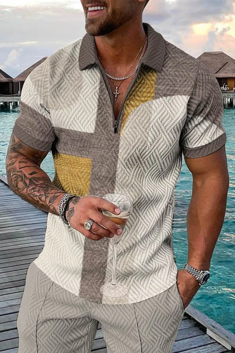 Men\'s Fashion New POLO Shirt Plaid Pattern Men\'s Casual Business Zipper ​Short Sleeves Tops T Shirt For Man Polo Men 2023 Summer