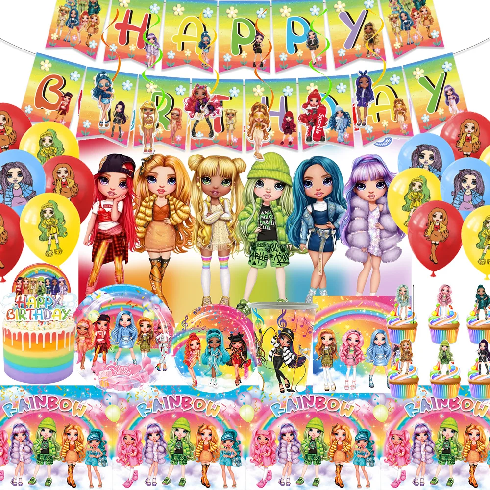 Cartoon Rainbow Doll High School Theme Background Birthday Party Decoration Supplies Disposable Cup Cutlery Balloon Baby Gift