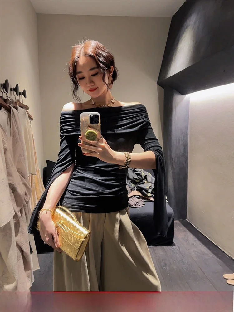 

Sanji Bla Flower Dyed One-oulder Top Unique Small-Batch Women's Faion Commute Sle Loose Fit Long Sve round Ne