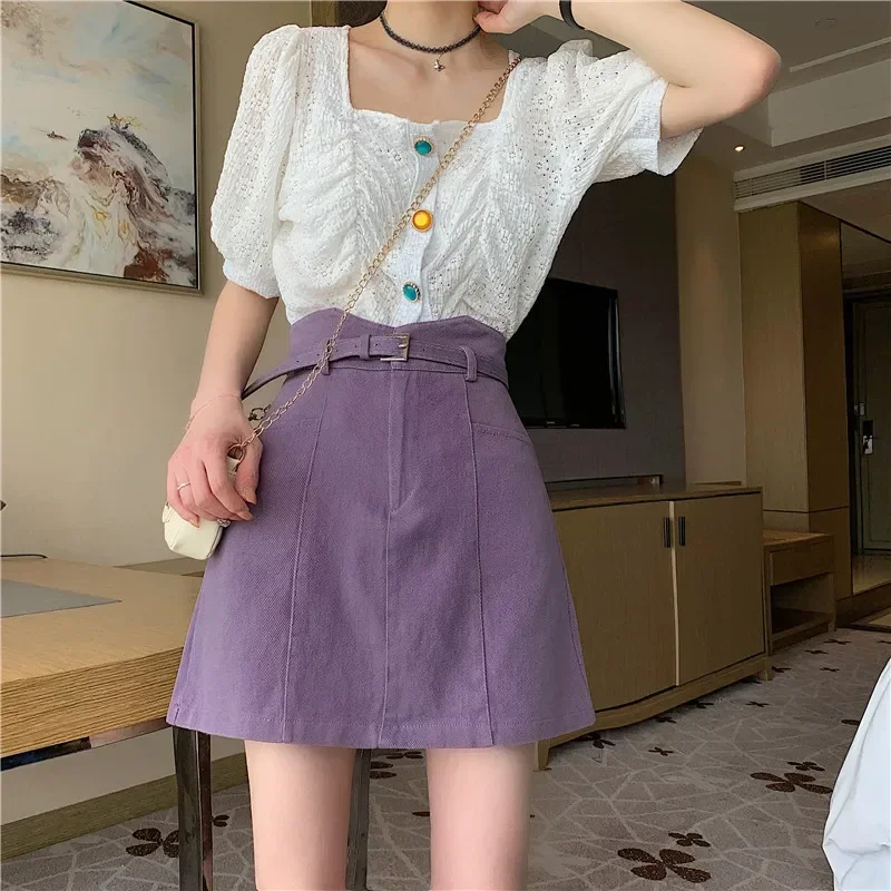 Summer 2023 Women Purple Denim Skirts Elegant High Waist Mini Skirts with Sashes A-line Skirt Ladies Female Solid Jean Skirts