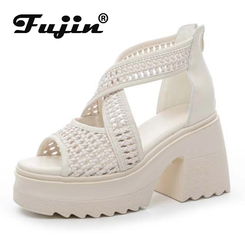 

Fujin 10cm PU Synthetic Microfiber Leather Peep Toe Shoes Chunky Heels Sandals Pumps Platform Wedge Fashion Ankle Booties Women