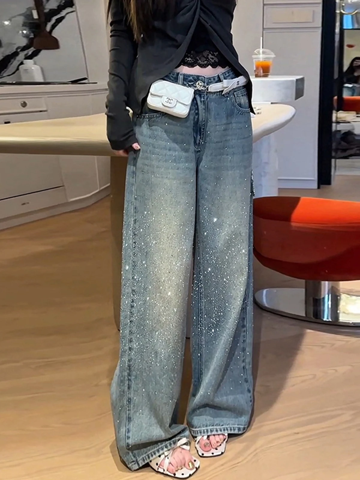

Fashion High Waist Fleece Lined Wide Leg Denim Jeans Women's Winter Style Glittering Diamond Loose Straight Cut Trousers