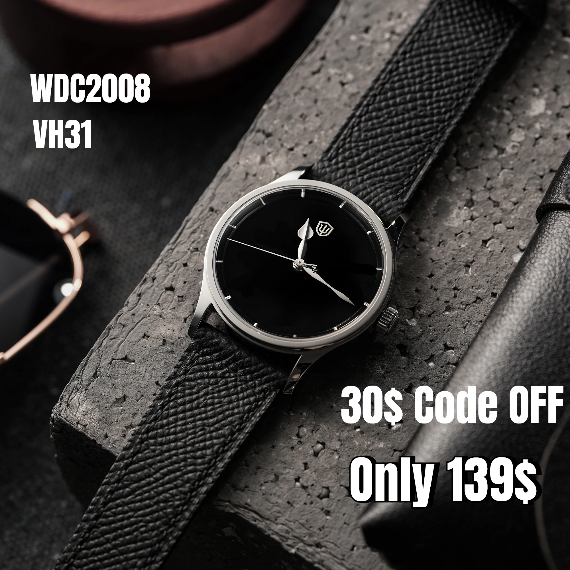 Watchdives WDC WD2008 36.5mm Watch VH31 Sweep Quartz Watch Ultra Black MOP Dial Sapphire Crystal 100M Waterproof Leather Strap