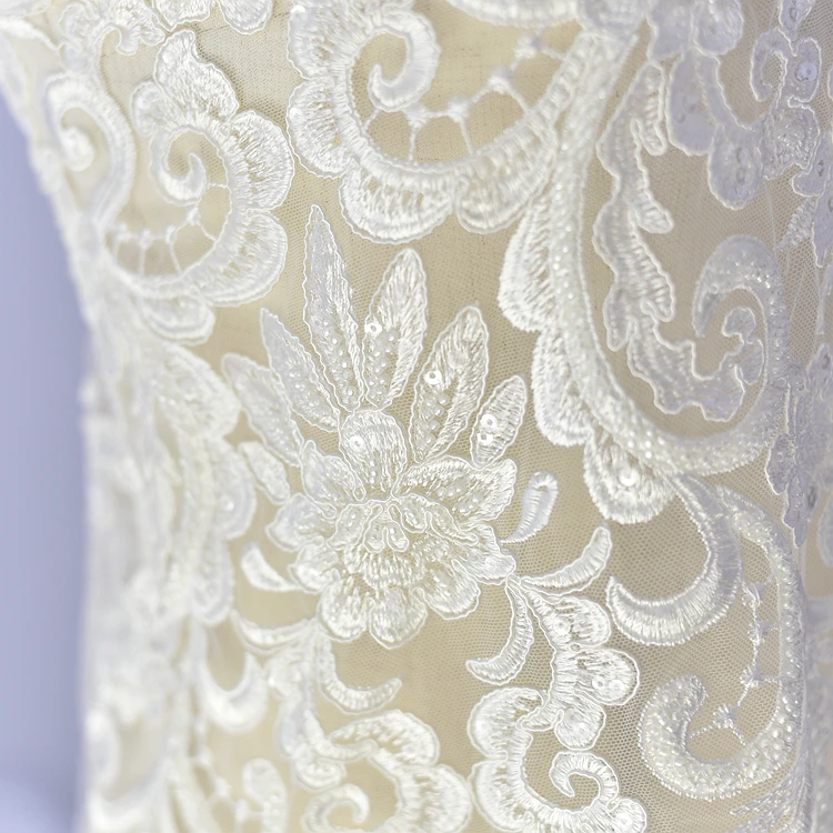 White Wedding Dress Lace Fabric, 3D Chiffon Flowers, Nail Bead, High End, European, RS667