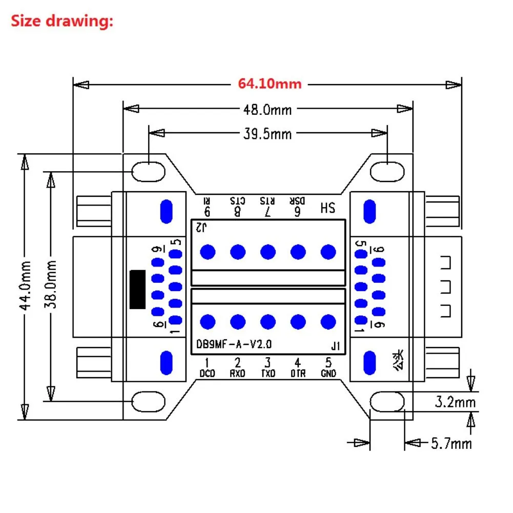 DB9MF-A Terminal Block Adapter Featuring Dual Male/Female Connectors with Solderless Installation for Electronic Projects