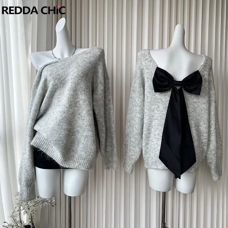 ReddaChic Kawaii Bow Backless Sweater Women Casual Long Sleeves Cozy Gray Oversized Jumper Top Holiday Lounge Winter Knitwear