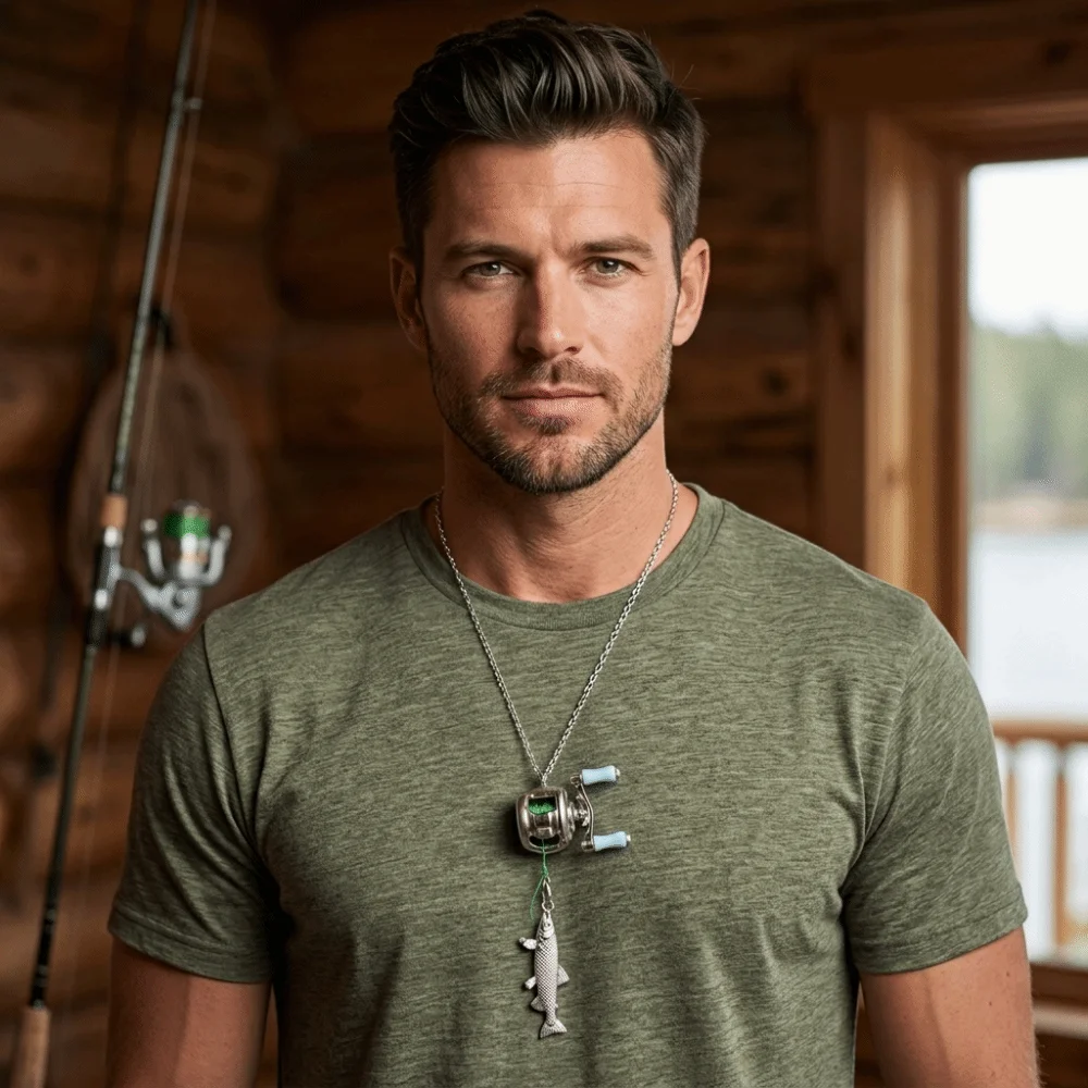 Luxury Fishing Reel Necklace Detachable Exquisite Fishing Reel Ring Rotatable Silver Men Neck Pendant Neck Accessories