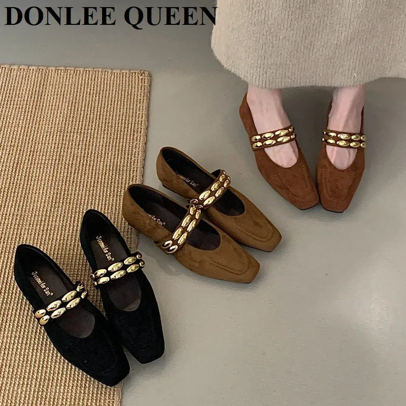 

Winter Flats Shoes Women Slip On Loafer Autumn Fashion British Square Toe Brand Metal Chain Moccasins Casual Ballerinas Footwear