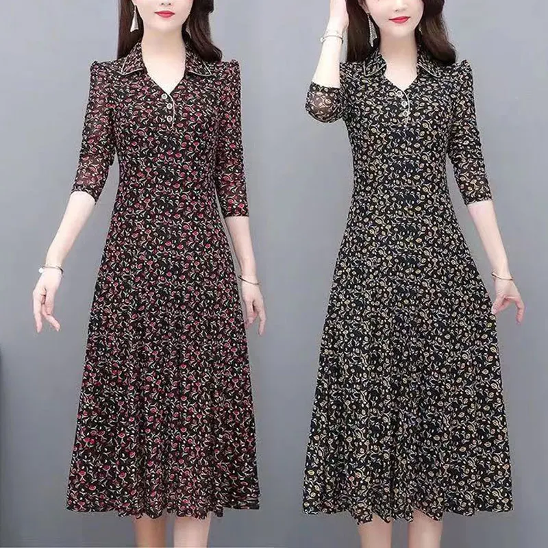 

Spring Summer Broken Flowers Dresses Fashion Lapel Spliced Button Women's Clothing 3/4 Sleeve Elegant A-Line Waist Midi Dress