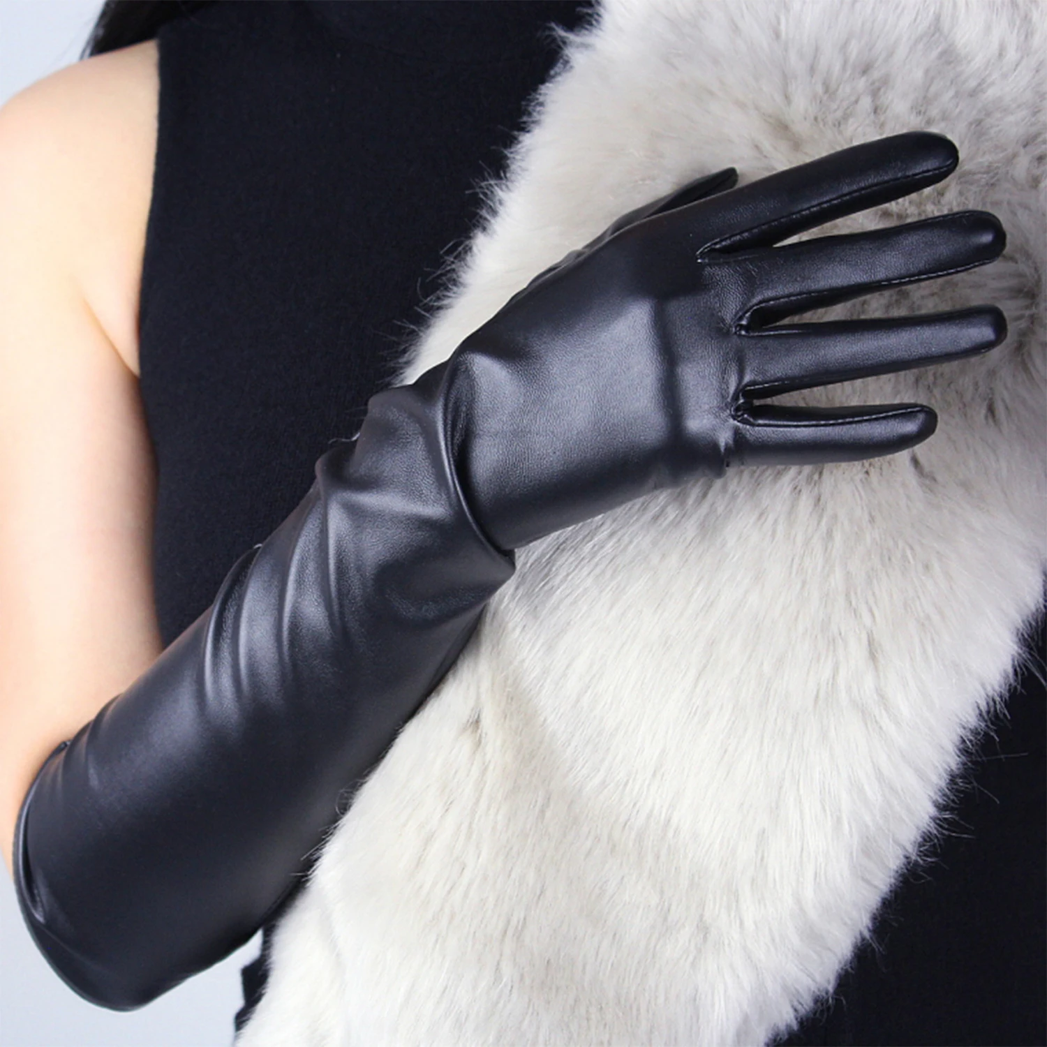 

DooWay Women's Black Elbow Long Opera Gloves Faux Leather Winter Warm Fashion Evening Costume Dressing Dance Glove Touchscreen