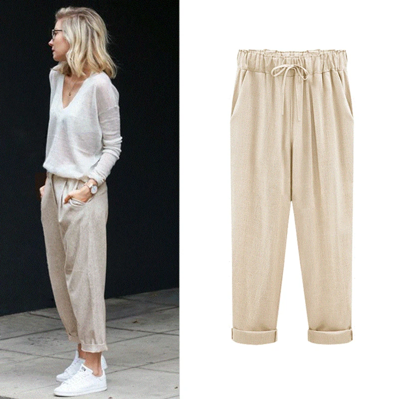 2026 Fashion Women Nine Points Pants Cotton linen New Casual Bundling Wide Waist Belt Candy Color Pencil Pants roupas femininas