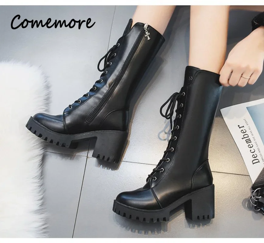 Comemore 2024 New Winter Motorcycle Boots Buckle Women British Style Mid-calf Women\'s Short Boot Gothic Square Heel Women Shoes