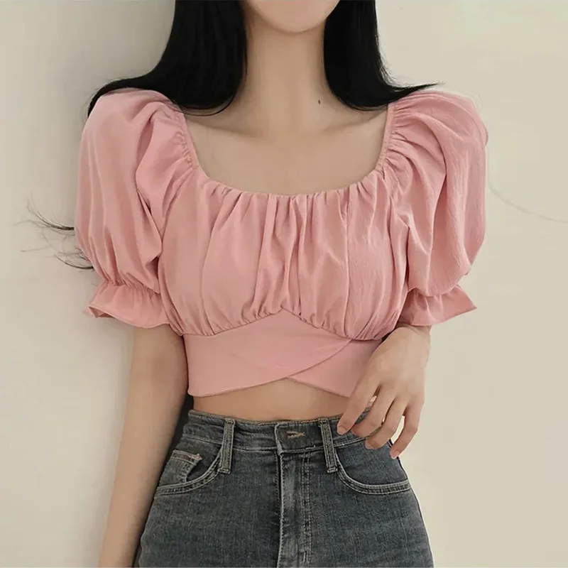 Women Soft Square Neck Crop Top Gathered Bust Puff Ruffle Short Sleeve Cross Wrap Waist Slim Fit Casual Blouse