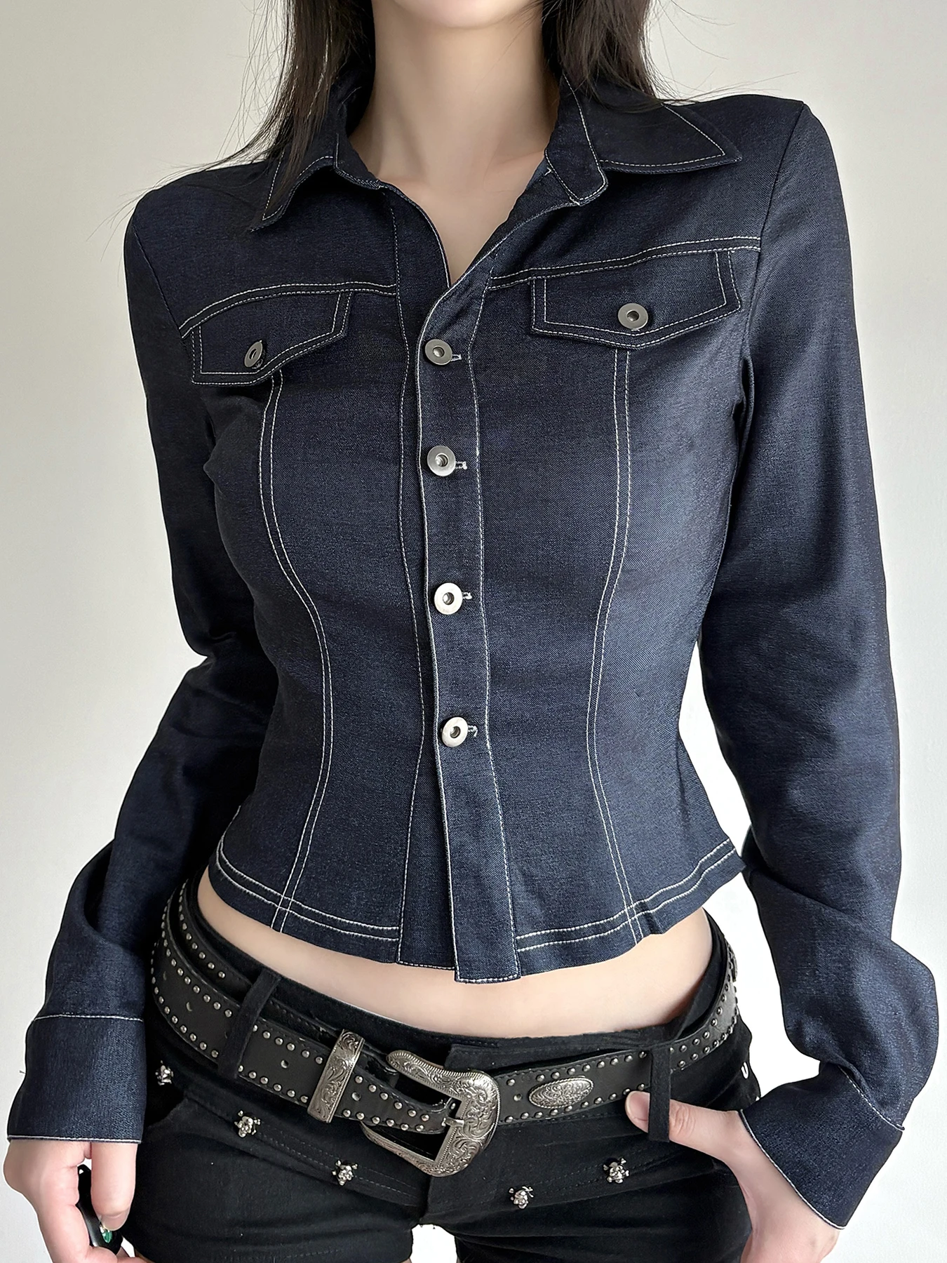 

Sweetown Fashion Imitation Denim Slim Fit Women T-Shirts Long Sleeve Fake Pockets Blouses Turn-Down Collar