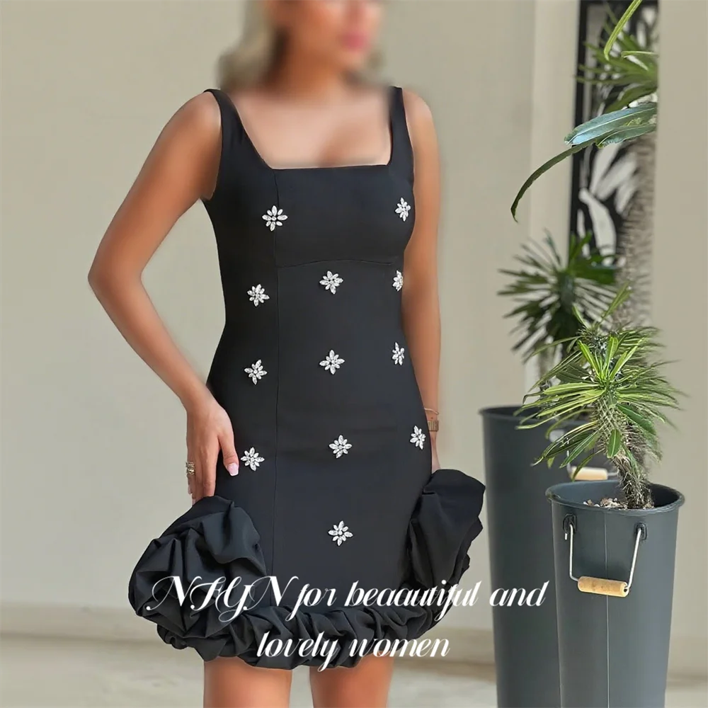 

NFYN Black Evening Dress Square Neck Mini Prom Dresses Crystal Party Formal Gown Floral Ruffle robe de bal for Woman Customized