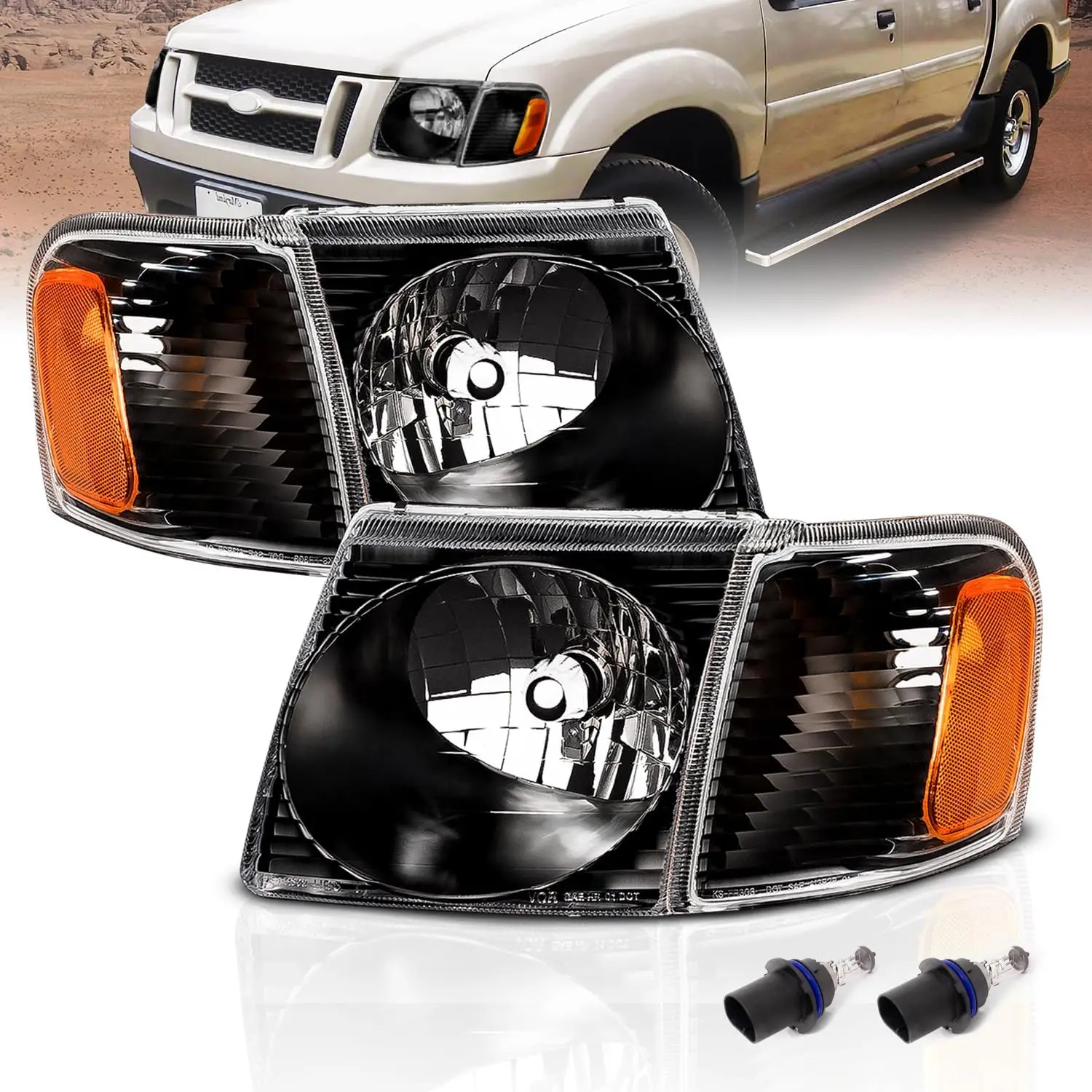 

Для Ford Explorer Sport/Sport Trac 2001-2005 гг., сменные фары с кристально-черным покрытием и пара угловых ламп — пассажирские и др.