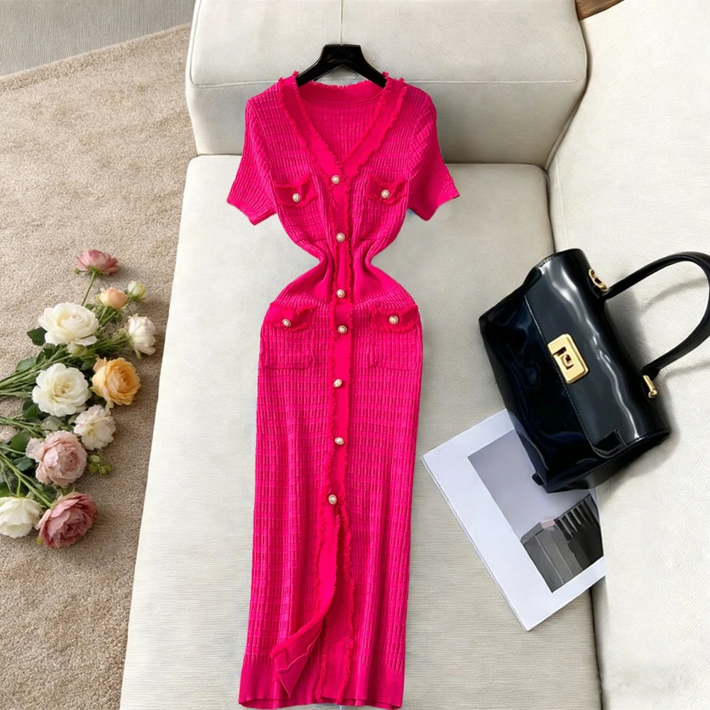 YuooMuoo Merk Mode Parel Knopen Gebreide Lange Jurk Lente Zomer Luxe V-hals Bodycon Trui Jurk Kantoor Dame Vestidos
