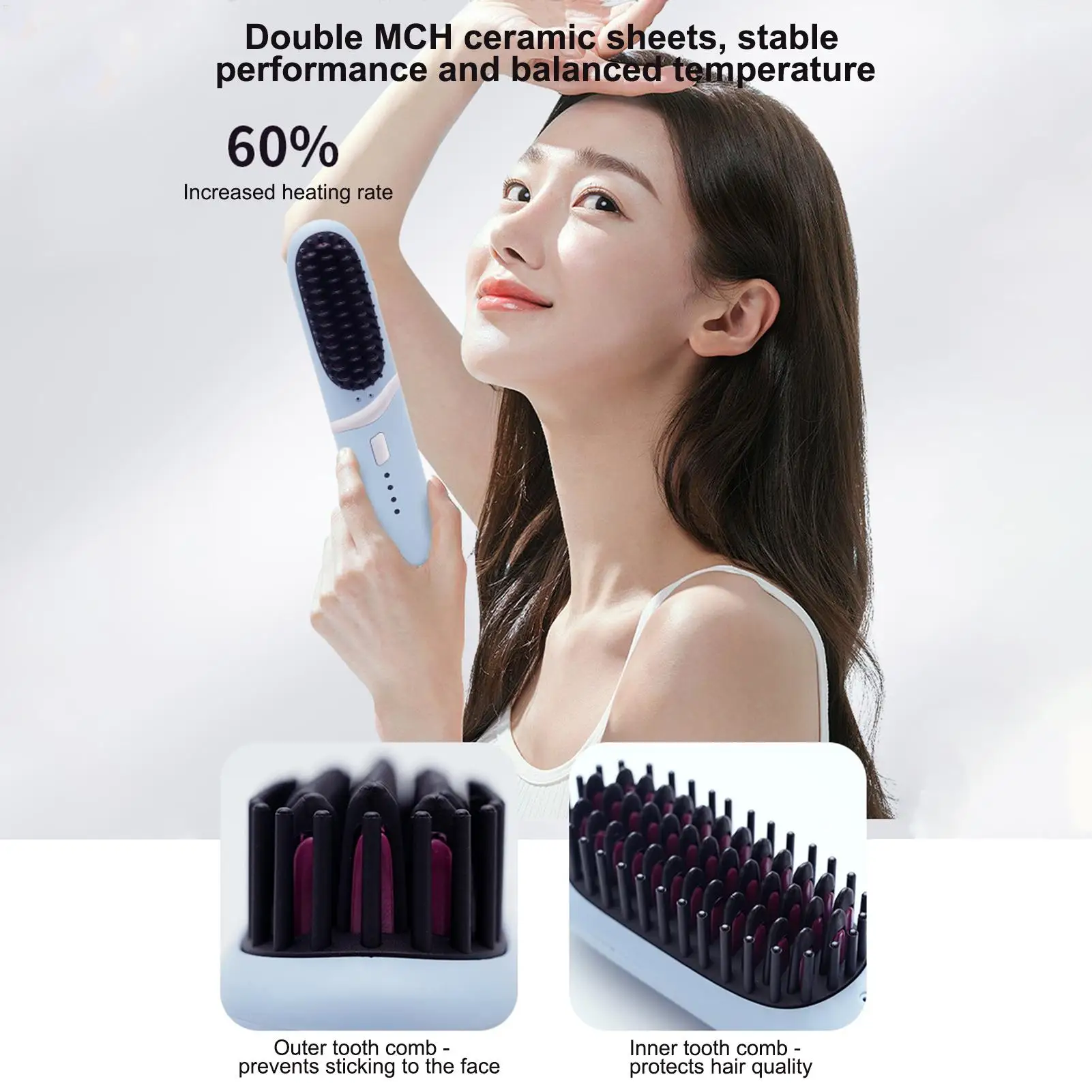 مكواة فرد الشعر اللاسلكية، فرشاة قابلة لإعادة الشحن، 3 إعدادات لدرجة الحرارة، مكواة فرد لاسلكية للنساء والرجال، للسفر، قصيرة وطويلة مجعدة