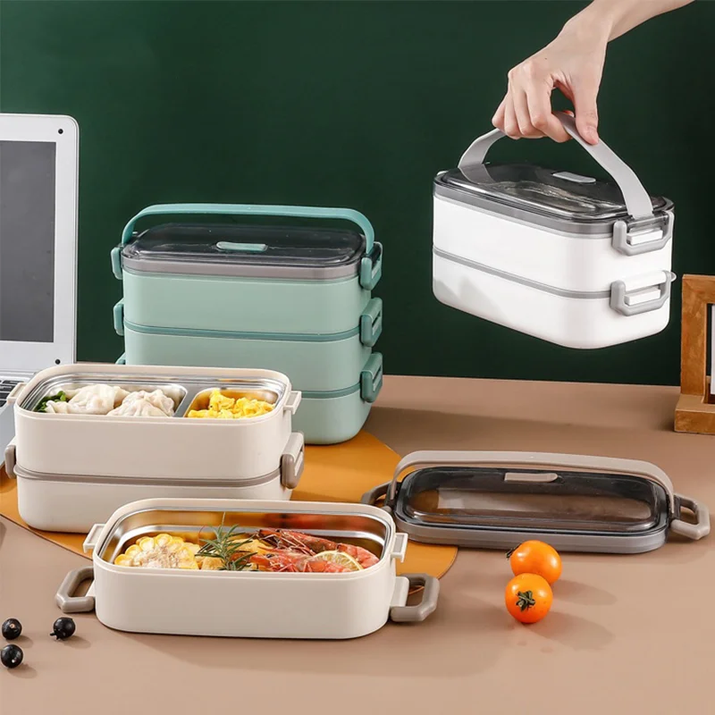 2-layer insulated tropical handle stainless steel lunch box simple bento box, worker student cafeteria packaging container