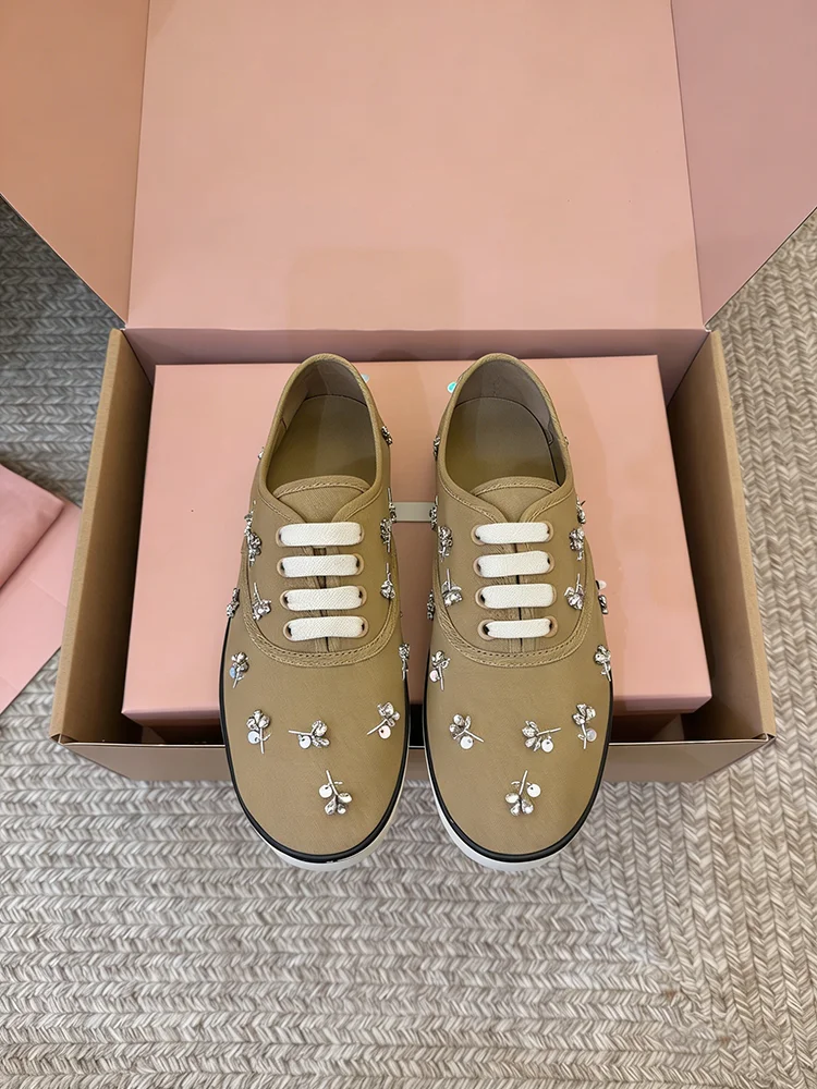 

2026 New Runway Spring Summer Beaded Sequined Canvas shoes Women High Quality Shoes