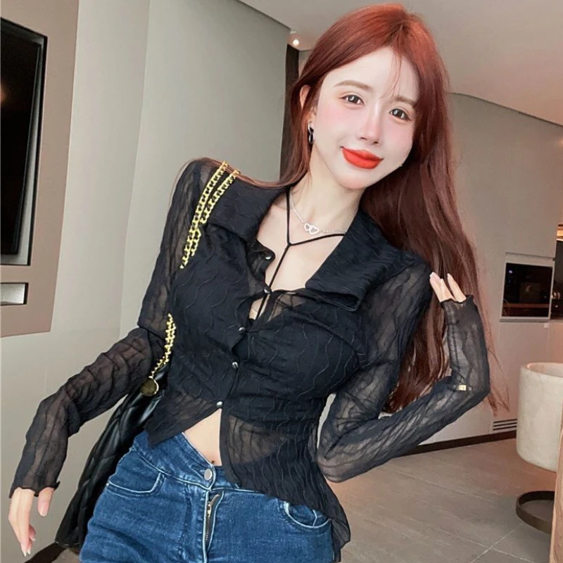 Sheer Shirts Women Sexy Sunscreen Thin See-through Skinny Crop Tops Fashion Chic Summer Breathable Casual Vintage Camisas Mujer