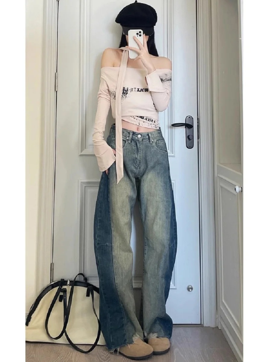 

Широкие джинсы с высокой талией, женские осенние новые цветные блузки для похудения, длина до пола, рваные повседневные джинсовые брюки