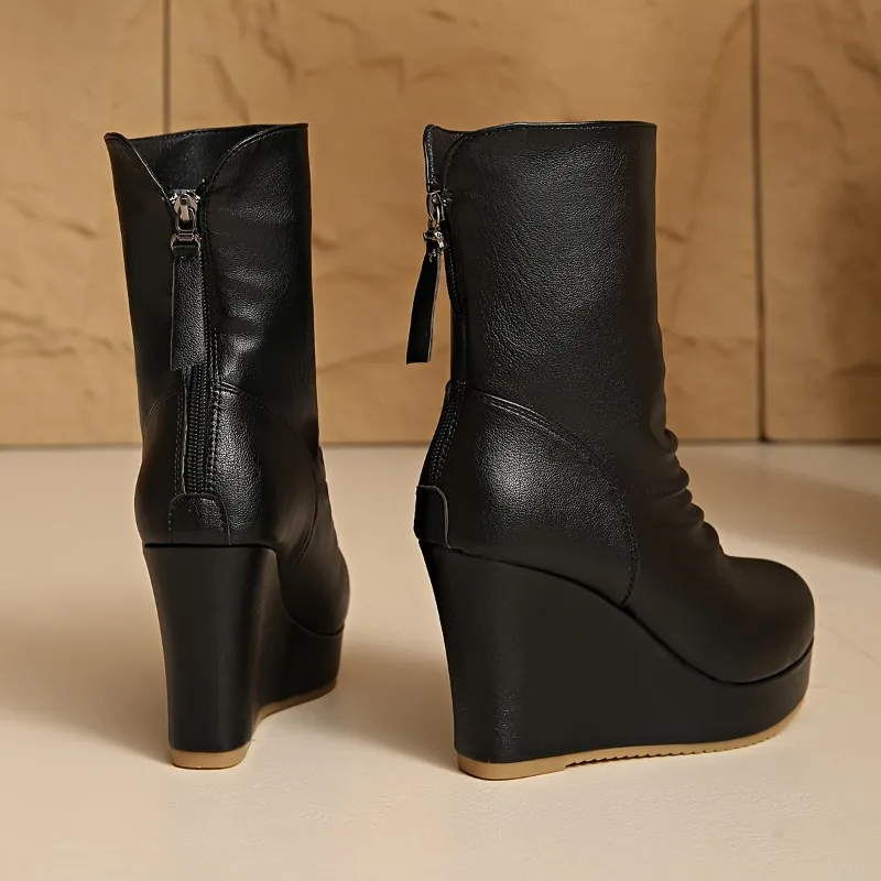 المرأة منتصف العجل أسافين أحذية الشتاء موضة جديدة حذاء كاجوال المرأة أنيقة عالية الكعب جولة تو منصة حذاء أسود النساء