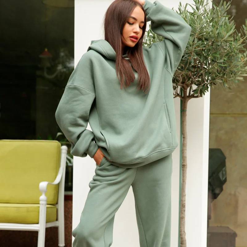 Hot Sale Europe and the United States Autumn and Winter New Style Pure Color Hoodie Casual Two-piece Set