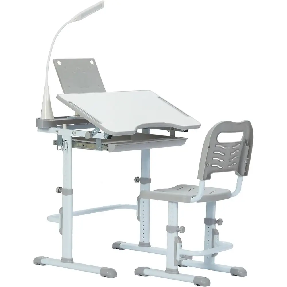 

Kids Desk and Chair Set, Children's Multiunctional School Tables with Desktop, LED Light, Metal Hook Grey