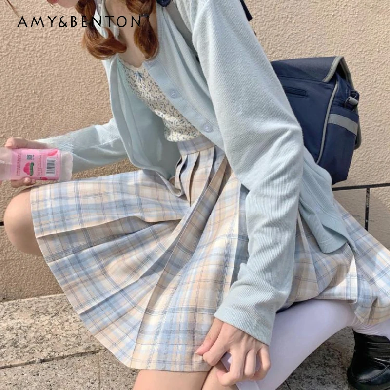 2024 New Japanese Jk Uniform Summer Gentle Light Color A Line Waist Slim Mini Plaid Fashion Versatile Pleated Skirt For Girls