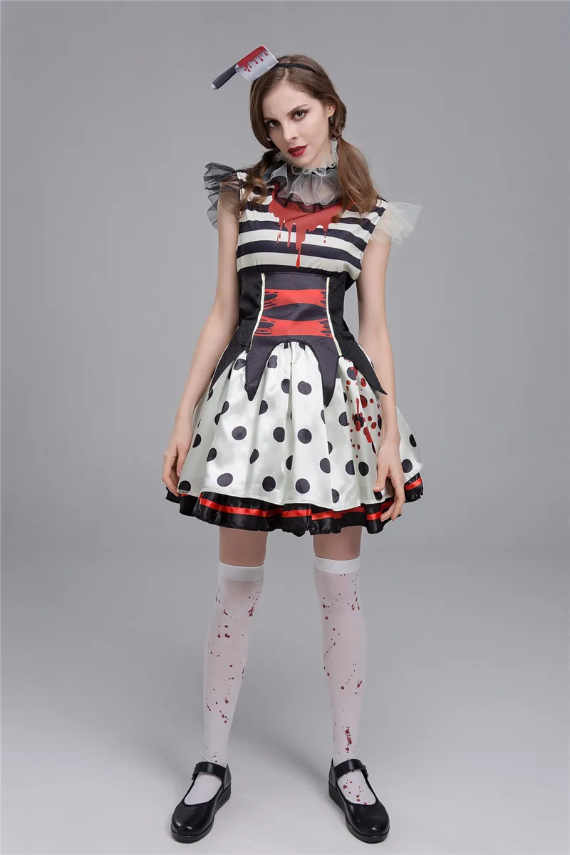 Women's Bloody Horror Clown Zombies Costume Halloween Party Cosplay Fancy Dress