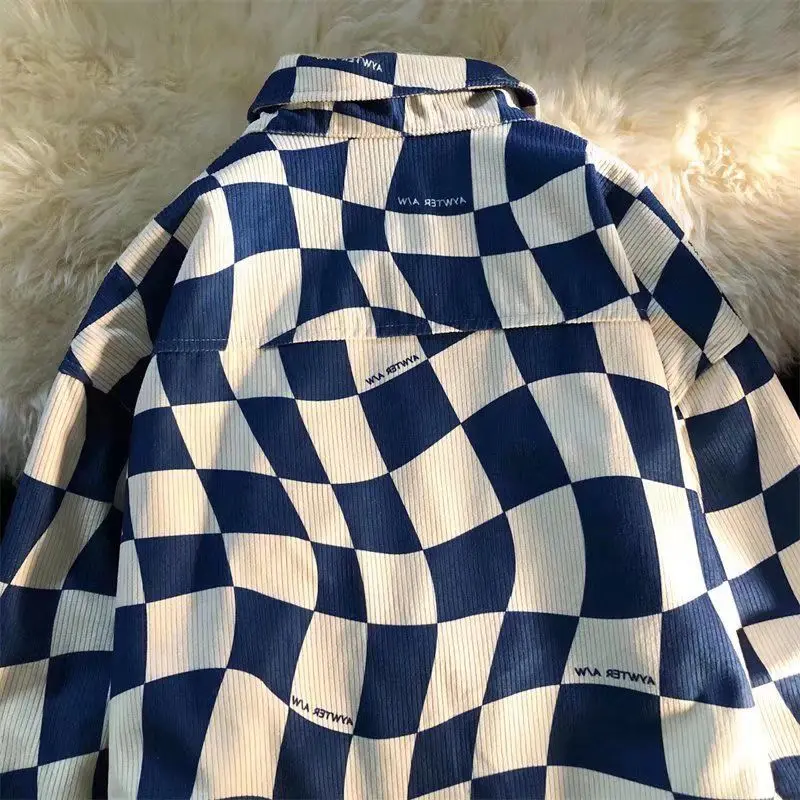 High Street Retro Klein Blue Color-blocked Checkerboard Shirt for Men and Women Niche Trendy Brand Corduroy Lapel Casual Jacket