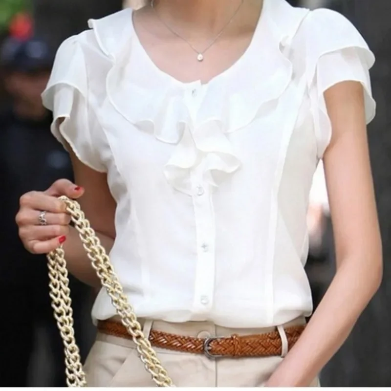 5XL New Summer Women Fashion Short Sleeve Ruffles Chiffon Solid White Tops Blusas Casual Summer Blouses Shirt