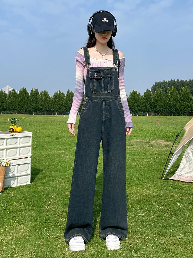 

Корейский свободный крой, прямые джинсовые комбинезоны, женские весенне-осенние новые морские утягивающие широкие штанины в стиле ретро, соляная система